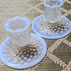 Pair of Fenton Opalescent Hobnail Glass Candle Holders